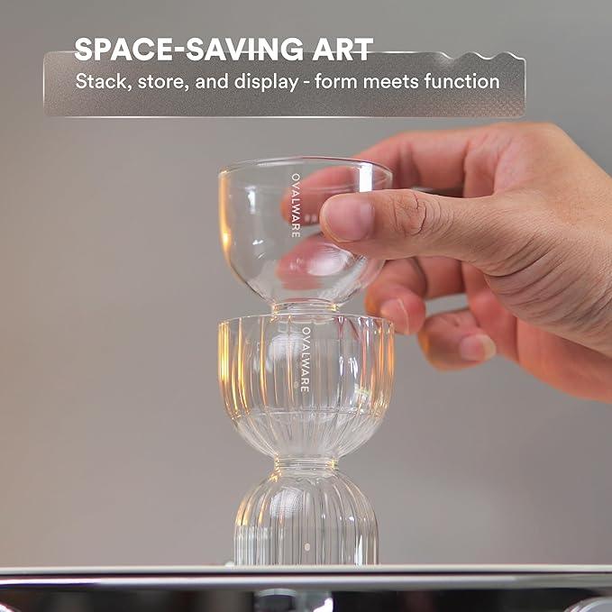ovalware Espresso Shot Glass Set of 2 | 30ml/1oz and 60ml/2oz Dual-Dose Stackable Borosilicate Cups | Cool-Touch Thermal Base | Oval Measurement Dots for Consistent Espresso Shots