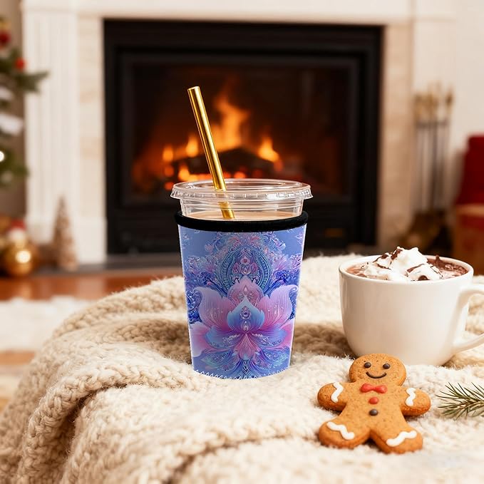 Boho Lotus Flower Iced Coffee Sleeve Set of 3 Reusable Neoprene Cup Holder for Cold Drinks Fits 16oz 24oz 30oz Cups Aesthetic Insulated Cup Sleeve