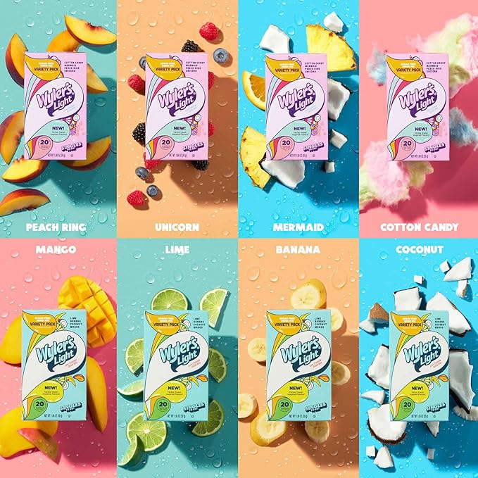 Wyler's Light Singles to Go Powder Packets, Water Drink Mix, Variety Pack, Watertok Fun Flavors, Cotton Candy, Mermaid, Peach Ring, Unicorn, Sugar & Caffeine Free, On-The-Go,20 Count (Pack of 2)