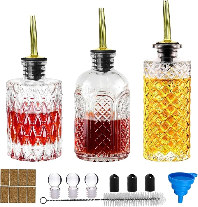 Aimery Coffee Syrup Dispenser Bottles Set - 3 Pack Simple Syrup Bottles with Metal Pour Spout and Dust Caps,For Syrups,Honey,Olive Oil,Condiments,Syrup Dispenser for Coffee Bar with Labels