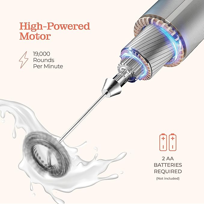 Powerful Handheld Milk Frother, Mini Milk Foamer, Battery Operated (Not included) Stainless Steel Drink Mixer with Stand for Coffee, Lattes, Cappuccino, Frappe, Matcha, and Hot Chocolate. (Red/White)