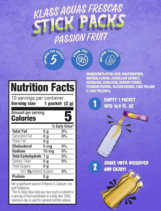 Klass Aguas Frescas, Powdered Drink Mix Variety Pack, 40 Singles Zero Sugar & Caffeine-Free Powder Packets, Water Drink Mix, Flavor: Passionfruit - 5 Calories Per Packet & Natural Flavors