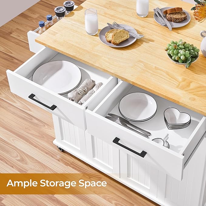 Yaheetech Kitchen Island Cart with Drop Leaf, 49" Rolling Island Table with Storage, Drawer, Kitchen Cart with Rubberwood Top, Detachable Towel & Spice Rack, White