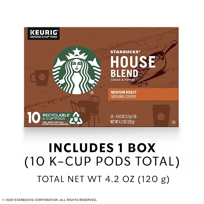 Starbucks Medium Roast K-Cup Coffee Pods — House Blend for Keurig Brewers — 1 box (10 pods)