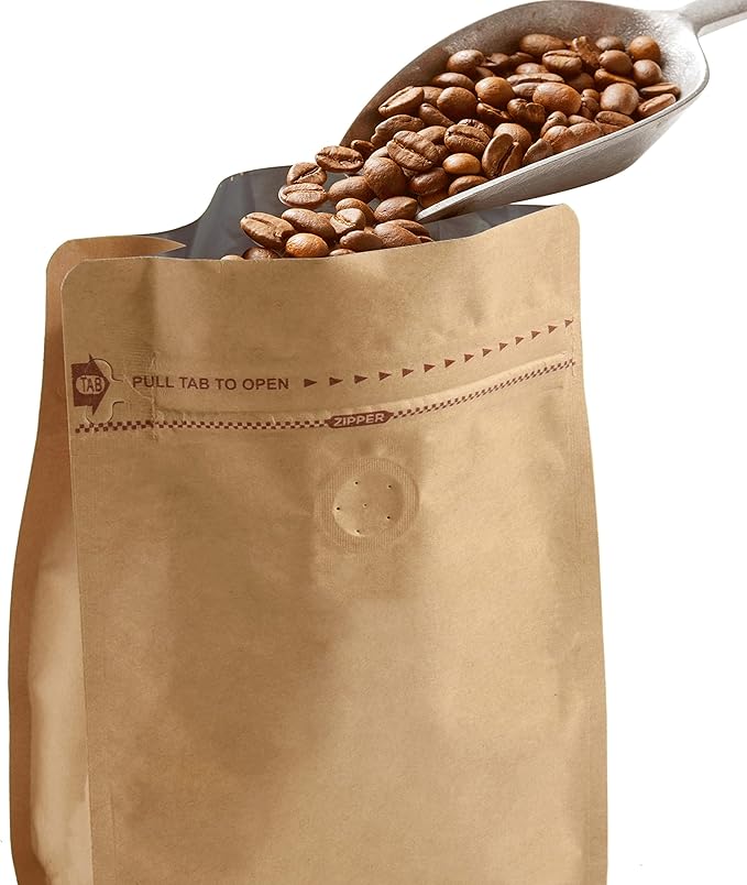 100 Count 32oz/1kg Kraft Paper Coffee Bags - High Barrier Kraft & Foil Liner - Flat Bottom Coffee Pouches with Degassing Valve, Food Storage Bags with Rsealable Zipper & Easy Open Tape