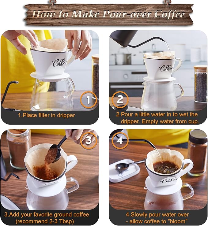 Pour Over Coffee Maker, Ceramic Coffee Dripper, Easy Manual Slow Brewing Accessories for Home, Cafe, Coffee Bar Accessories and Kitchen Decor, Filter Size 2, White