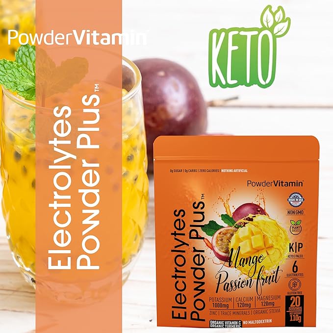 PowderVitamin Electrolytes Powder Plus (20 Servings) Mango Passionfruit Electrolyte Powder Zero Calorie Keto,0 Sugar,No Maltodextrin,1000mg Potassium,120mg Calcium,120mg Magnesium, Pink Himalayan Salt