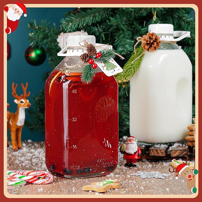 4 Pack 64 Oz Heavy Duty Glass Milk Bottle with 1 Silicone Spout and 5 Reusable Airtight SCREW LID, 2 Qt Glass Water Bottle with 2 Exact Scale Lines - Milk/Juice Jug Pitcher