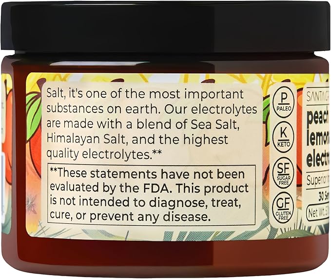 Santa Cruz Paleo Electrolyte Powder, Peach Lemonade Flavor, Sugar Free Hydration Drink Mix with Himalayan Pink Salt, Sea Salt, Magnesium Glycinate, Potassium Chloride, Sweetened with Stevia, 30 Srvgs