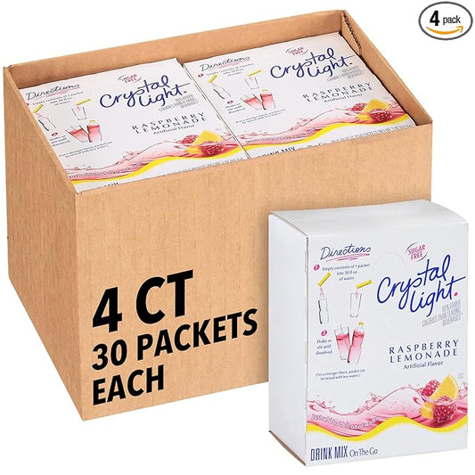 Crystal Light Single Serve Raspberry Lemonade Artificially Flavored Powdered Drink Mix, 120 per Case, 4 Boxes of 30 On-the-Go Packets