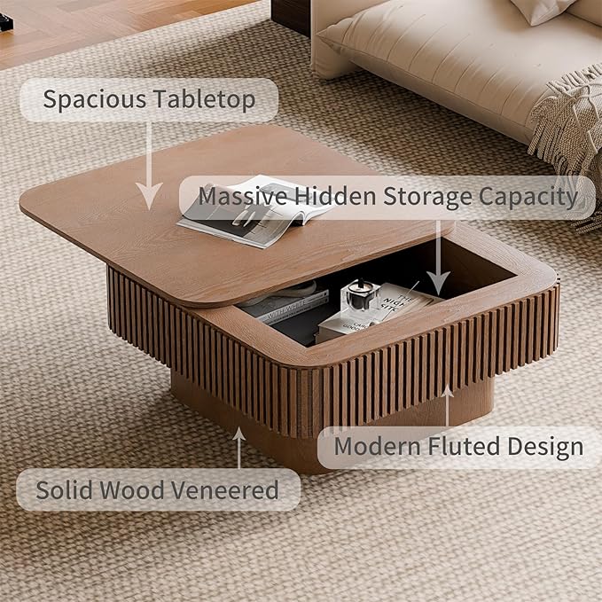 SZTHHDF Square Coffee Table for Living Room,Fluted Drum Accent Tea Center Table with Storage,Solid Wood Modern Coffee Tables for Small Space Office Apartment (31.5" L×31.5''W×14''H-Walnut)