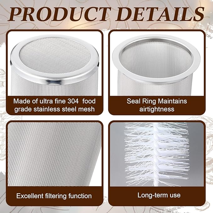 Acellegic Cold Brew Coffee Filter with Brush for 64 Oz/2 Quart Wide Mouth Mason Jar Infuser 304 Stainless Steel Filter Food Grade Strainer with Sealing Ring for Iced Drink Fruit Tea Coffee Maker