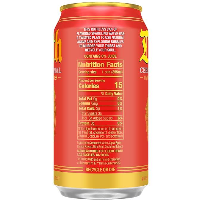 Liquid Death Soda-Flavored Sparkling Water - Cereal Criminal (Fruity Pebbles, Cream), Less Sugar*, Huge Flavor, No Caffeine, No Artificial Sweeteners, 12 Fl Oz (Pack of 12)
