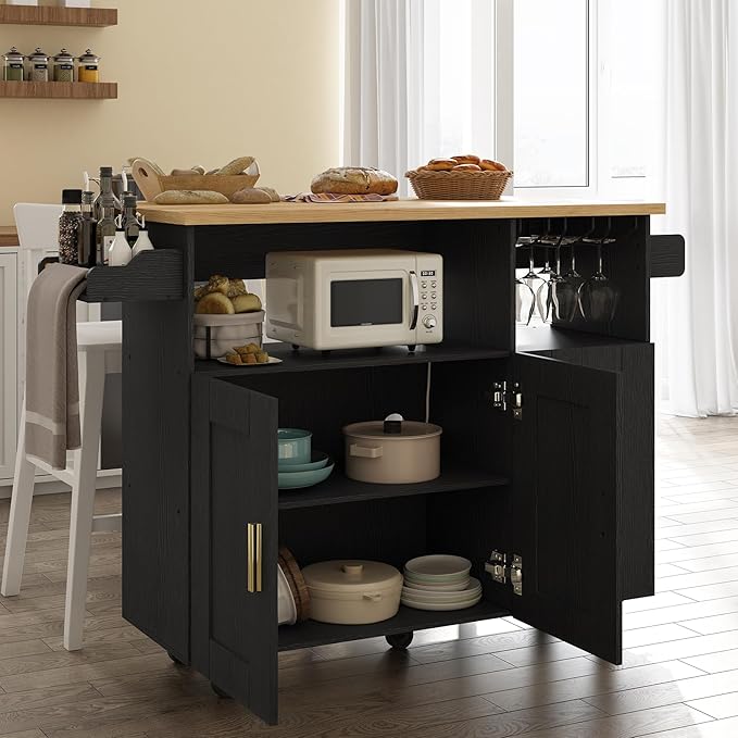Rolling Mobile Kitchen Island with Storage and Drop Leaf, Island Table with Countertop Power Socket and Wheel (Black, Model 1.2)