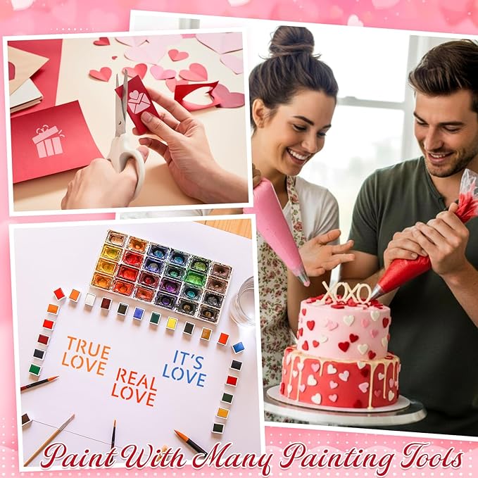 Honeydak 60 Pcs Valentines Stencils Crafts Letters Heart Reusable for Painting on Wood Coffee Cake Stencils for Holiday Ornament DIY