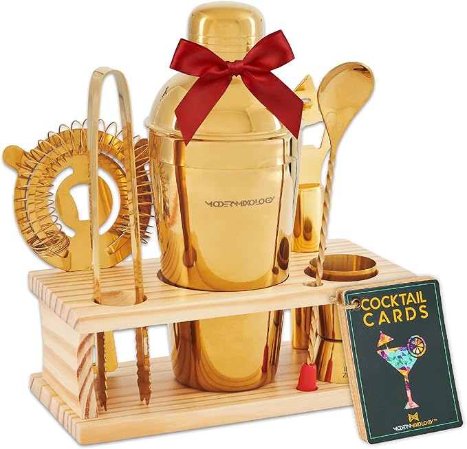 Modern Mixology Cocktail Shaker Set - 8 Piece Bartender Kit on Quality Pine Stand | Complete Cocktail Kit Gift Set | Top Bartender Gifts for Men | Leak Proof Design (Gold)