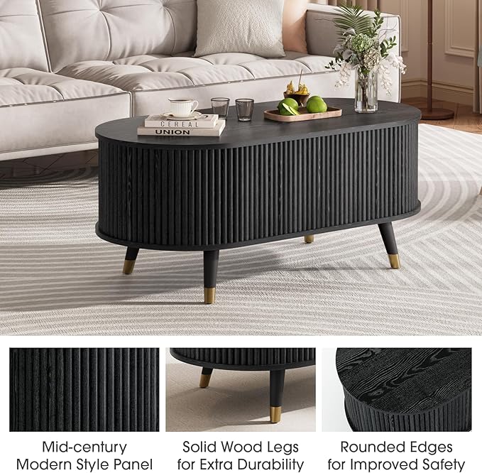 42.5" Oval Lift Top Coffee Table with Storage,Modern Black Center Table with Fluted Design, Solid Wood Legs & Hidden Compartment, Pop Up Cocktail Table for Living Roomm