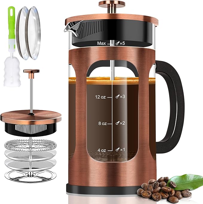 YMMIND French Press Coffee Maker (21oz 600ML 3-4Cup) Coffee Press, with 4 Filters System, Heat Resistant Thickness Borosilicate Glass, Cold Brew Coffee Tea Pot Gifts (Copper)