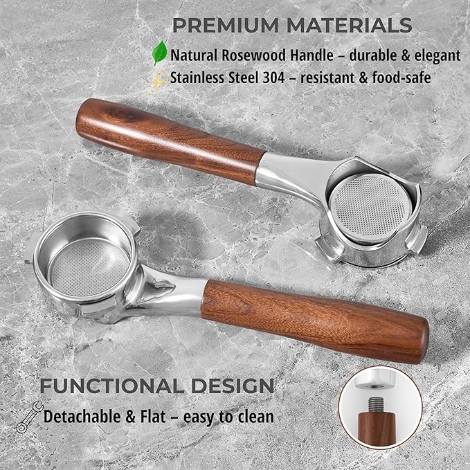 54mm Bottomless Portafilter Flat for Breville/Sage – Fits Barista Express, Pro, Touch, Bambino & Bambino Plus, Infuser – Rosewood Handle – Includes 18–21g Filter Basket & Puck Screen