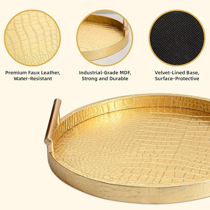 Modern Decorative Tray Set of 2, Wooden Round Crocodile Leather Tray with Polished Metal Handles, Decorative Serving Trays Coffee Table Trays Ottoman Platter for Home Decor (Golden)