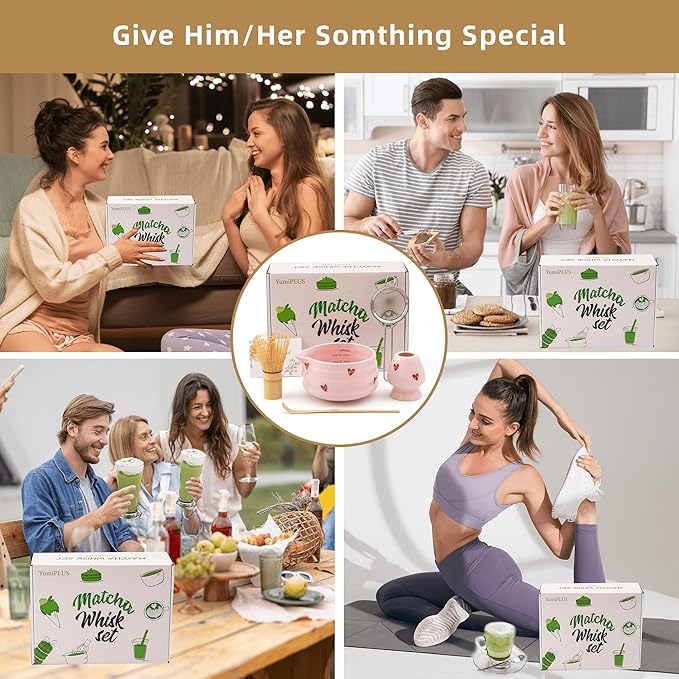 5pcs Premium Matcha Set,Ceramic Bowl with Spout and Bamboo Whisk set, Ceremonical Matcha Kit for breakfast/latte,Tea Starter Making Kit,Unique Matcha Gift set (pink love)