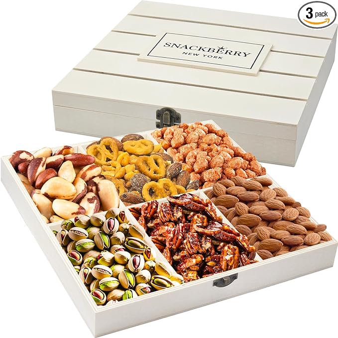 Premium Wooden Mixed Nuts Gift Basket, Gourmet, Snack Box, Gift Set For Birthday Party, Sympathy, Healthy Gift Snack Box for Men and Women, Snackberry (6 Nut Mix Variety) (3-Pack)