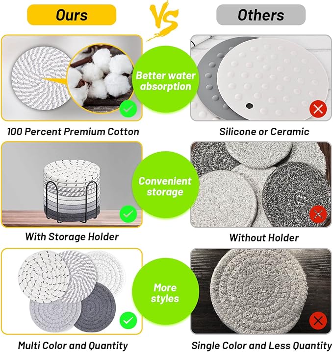 Billbotk 10 Pieces Coasters for Drink Absorbent, 5 Colors Drink Coasters with Holder, Woven Coasters Set for Coffee Table, Wooden Table Decor, Home Decor, 4.3 Inches