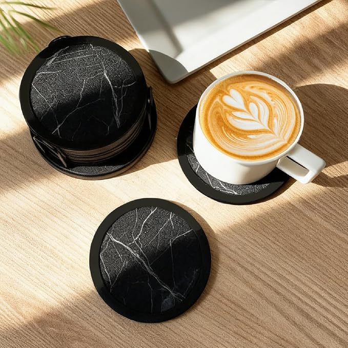 Set of 6 Non-Slip Silicone Coasters with Holder, Double-Sided Absorbent for Hot/Cold Drinks, Scratch & Water Ring Protection for Wood Tables, Home Office Bar, Black Gold Marble (Black White Pattern)