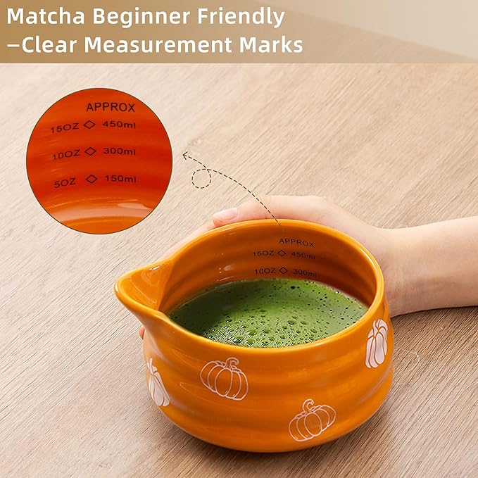 5pcs Pumpkin Matcha Set,Ceramic Bowl with Spout and Bamboo Whisk set, Ceremonical Matcha Kit for breakfast/latte,Tea Starter Making Kit,Unique Matcha Halloween Thanksgiving Gift set (pumpkin)