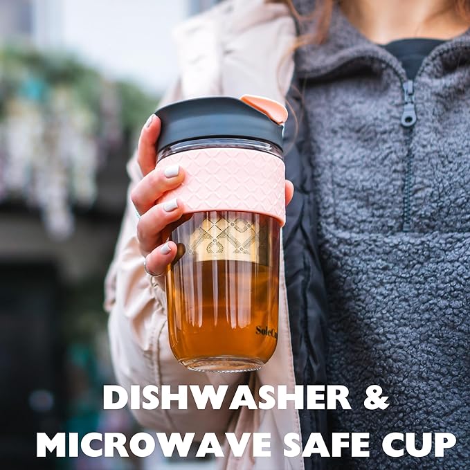 Large Travel Mug Loose Tea Infuser - Detachable Tea Strainer with Spill Proof Lid - 18oz/530ml BPA-Free Reusable Glass Travel Coffee Cup with Silicone Band (Black, 18oz)