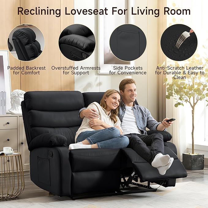 Reclining Loveseat, PU Leather Double Recliner Sofa with Side Pocket, Wall Hugger Loveseat Recliner for Living Room, RV, Home Theater(Black)