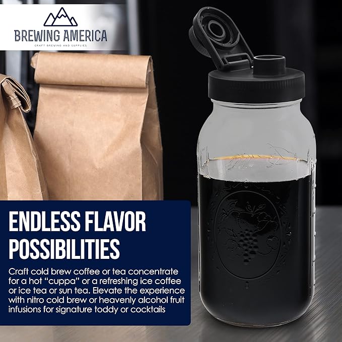 Brewing America Mason Jar Cold Brew Coffee Maker Infuser: Made in USA Wide Mouth Mason Jar with Screw Top Pour and Drinking Lid, Stainless Steel Filter - Coffee, Tea, Alcohol - 2 Quart 64 oz Black Lid