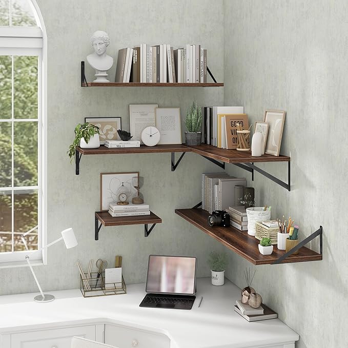 Deep Floating Shelves Wall Mounted, 30"x12" Walnut Wall Shelves with Brackets Set of 2 for Bedroom, Living Room, Bathroom, Kitchen, Office - Storage & Display Shelf for Decor, Books, Plants