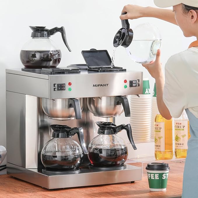 NUPANT Dual Drip Commercial Coffee Maker, 200 Cup/hour, 7.2L Pour Over Coffee Machine with 4 Glass Carafe and 4 Warmers, Stainless Steel Double Coffee Brewer Staition for Restaurant and COFFEE Bar