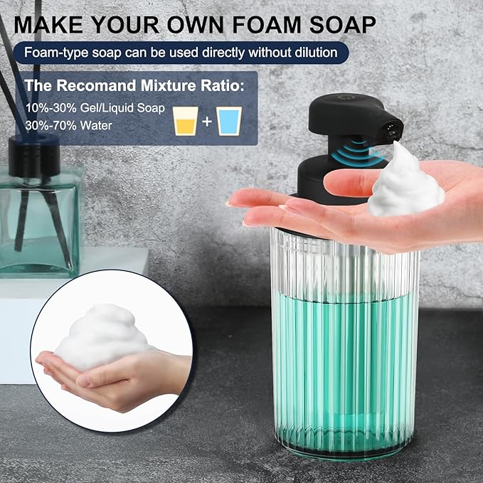 Automatic Soap Dispenser Foaming Touchless: 9oz Black Acrylic - Rechargeable Electric Smart Auto Foam Soap Dispenser - Hand Dish Bathroom Kitchen
