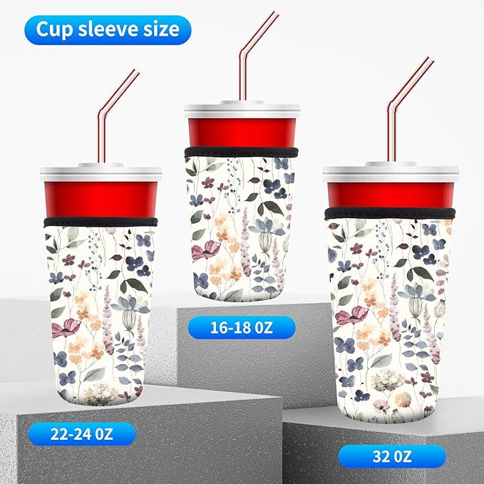 3 Pack Reusable Neoprene Insulator Sleeve for Iced Coffee Cups, Funny Coffee Cup Sleeves for 16-32oz Coffee cups, Cute Drink Sleeve for Cold Hot Beverages Boho Floral
