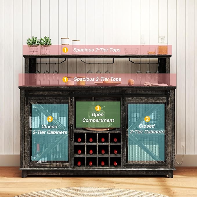 HOMCOM Farmhouse Coffee Bar Cabinet with Smart App Control LED Lights, 55" Wine Bar Cabinet with 12-Bottle Rack, Glass Holder, Kitchen Sideboard Buffet with Sliding Mesh Doors, Distressed Dark Brown