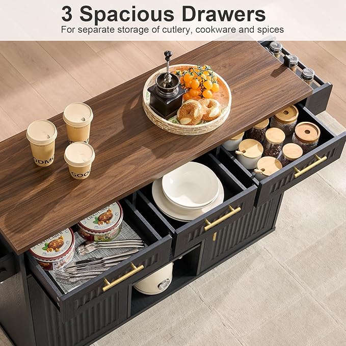 57" Kitchen Island with Storage — Kitchen Rolling Island with Trash Can Storage Cabinet, Power Outlet & Drop Leaf, Large Mobile Island Cart on Wheels with Spice & Towel Rack, Knife Holder (Black)