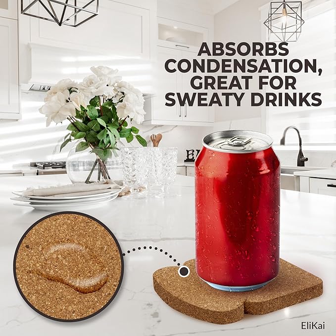 ELIKAI Cork Coasters for Drinks - Funny Coasters for Coffee Table, Absorbent Cork Coaster Set with Holder, Heat-Resistant Hot Pads for Kitchen, Ideal Housewarming and Birthday Gift, Set of 4