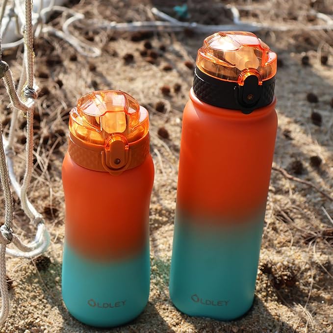OLDLEY Insulated Kids Water Bottle 12oz, Stainless Steel, Double Wall, Leak-Proof, School Travel, Ombre Orange-Green