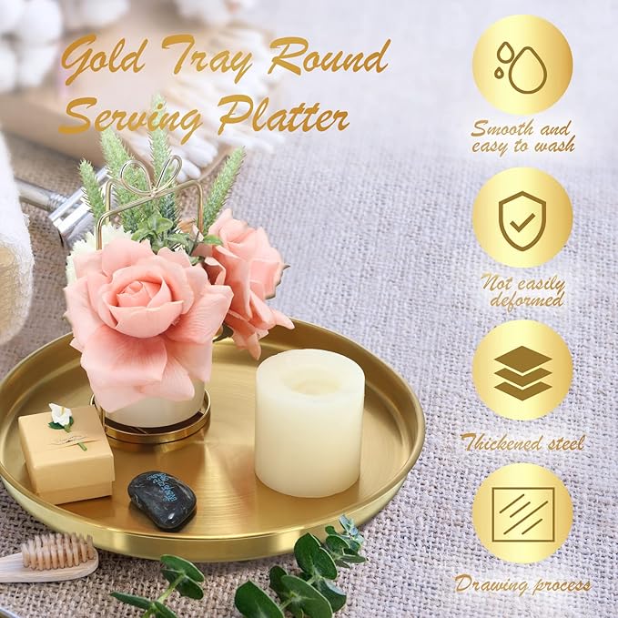 Thenshop 3 Pcs Gold Serving Tray, Stainless Steel Round Decorative Vanity Plates, Jewelry Makeup Organizer, Reusable Food Display Dish for Gift, Wedding, Christmas, Bathroom, Coffee Table (12 Inch)