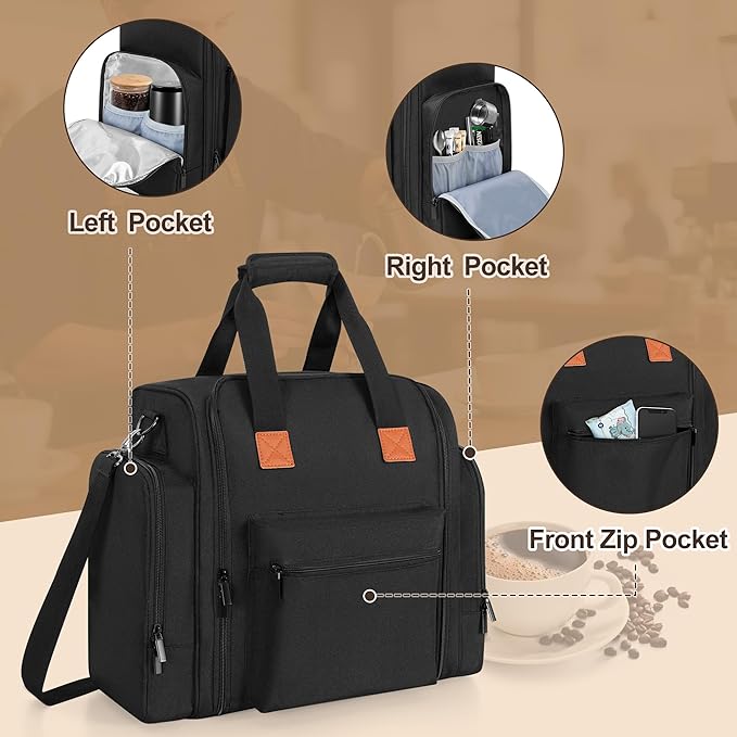 Yarwo Coffee Maker Bag Compatible with Keurig K-Mini/CASABREWS CM5418/3700/ATATIX, Wide Open Coffee Machine Travel Case with Insulated & Mutiple Pockets for Coffee Maker, Pods, Grinder and Supplies