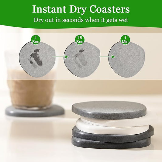 Diatomaceous Earth Coasters Set of 6 for Drinks, Moisture Water Absorbent Stone Coasters for Table Desk at Work, Water Absorbing Instant Drying Diatomite, Modern Light Grey