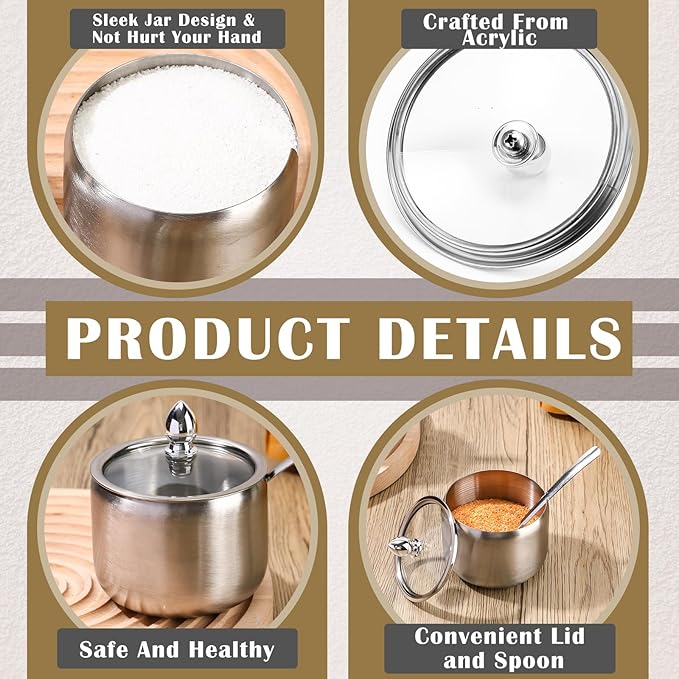 Baderke 4 Pcs 9.8 oz Stainless Steel Sugar Bowl Sugar Container Condiment Dispenser with Lid and Spoon with Tag for Spice Coffee Tea Pepper Herbs (Silver)