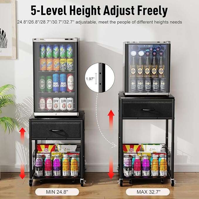 Housolution Mobile Mini Fridge Stand with Storage, Height-Adjustable Mini Beverage Fridge Table, Coffee Bar, 200 lbs Heavy-Duty Compact Refrigerator Shelf with Rolling Cabinet for Kitchen Home, Black