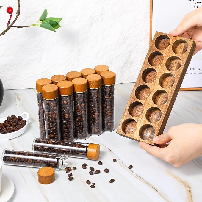 12 Pack Single Dose Coffee Bean Storage Tubes with Wooden Stand, Coffee Bean Cellar Container with Walnut Solid Wood Base, Espresso Beans Canisters Set (2 OZ)