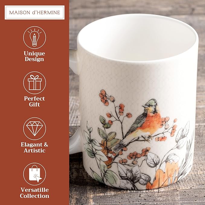 Maison d' Hermine Coffee Mug with Handles Fine Bone China Mugs Pack of One Tea Cups for Hot Beverages Cappuccino Latte Home Office Perfect for Gift (Whitish Shabby Chique - Winter Berries, 12 Ounce)