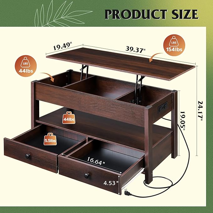 WLIVE Coffee Table, Lift Top Coffee Table with 2Drawers, LED Light, Large Storage and Open ShelfLift Tabletop for Living Room, Espresso