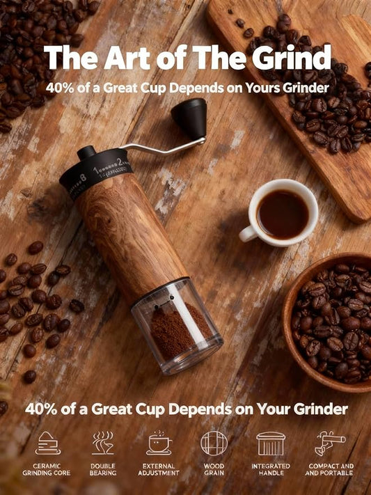 LAMIDO Mini Manual Coffee Grinder - 56 External Grind Settings, Stainless Steel Body & Crank, Ceramic Burr, Portable Hand Grinder for Travel, Camping, Home Brewing - Wood Grain