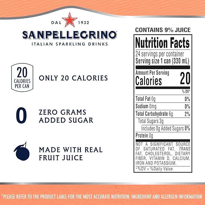 Sanpellegrino Zero Grams Added Sugar Italian Sparkling Drinks, Sparkling Peach Clementine Beverage, 24 Pack of 11.15 Fl Oz Cans